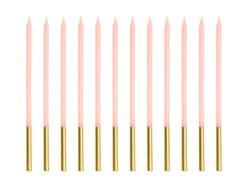 12 Velas Rosa Pastel + Dourado 14cm