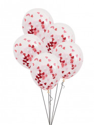 5 Balões Confettis Corações Vermelhos e Rosa