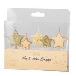 5 Velas Estrelas Douradas Glitter