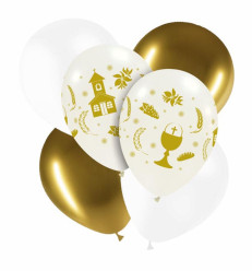 6 Balões Látex Batizado e Comunhão Dourado e Branco