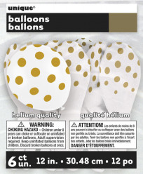 6 Balões Látex Branco Bolinhas Douradas