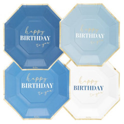 8 Pratos Happy Birthday To You Azul 24cm