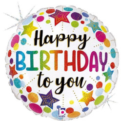 Balão Foil "Happy Birthday To You" Glitter Estrelas e Bolinhas