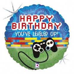 Balão Foil Happy Birthday Videojogos Holográfico 46cm