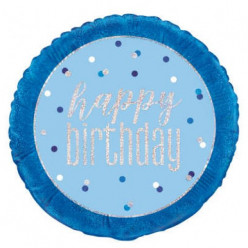 Balão Foil Redondo Happy Birthday Azul Glitter 46cm