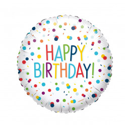 Balão Foil Redondo Happy Birthday Confetti 43cm