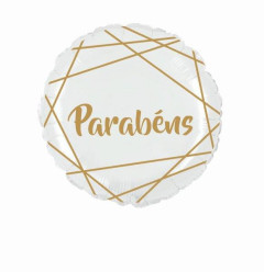 Balão Foil Redondo Parabéns Branco-Ouro 45cm
