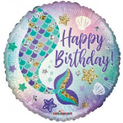 Balão Foil Sereia Happy Birthday Holográfico 46cm