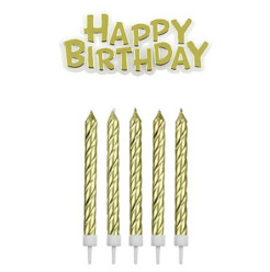 Conjunto Velas + Placa Happy Birthday Dourado