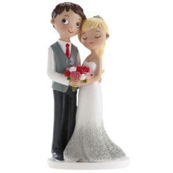 Figura Bolo Casamento Noivos Serenos com Ramo 16cm