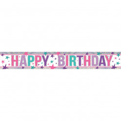 Grinalda holográfica 2,70m Happy Birthday rosa
