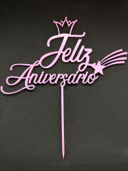 Topper de Bolo Feliz Aniversário Rosa